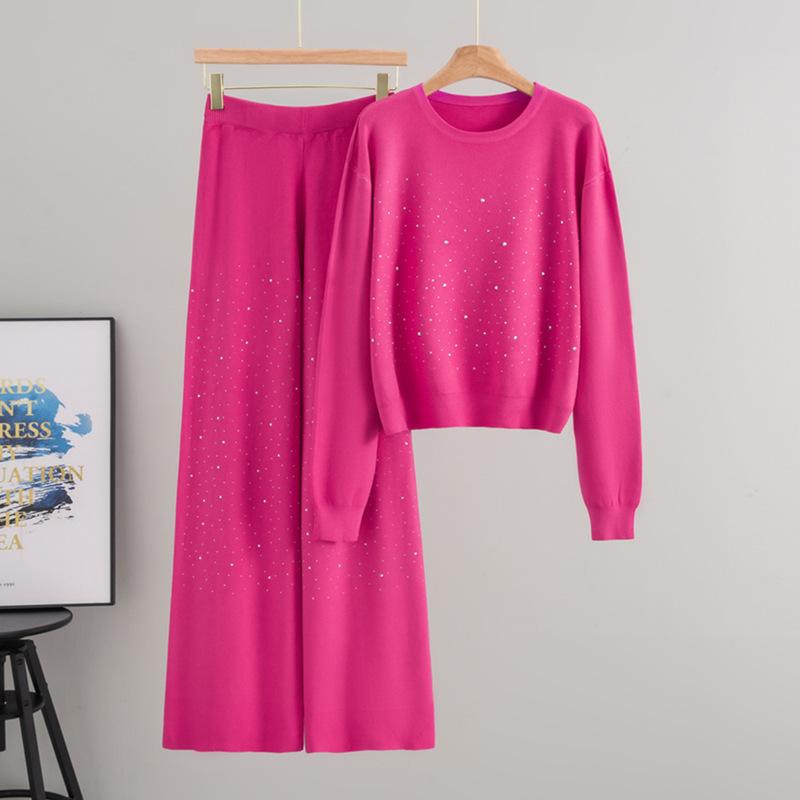 Autumn and Winter Gypsy Stars Hot Diamond Round Neck Pullover Long Sleeve Knitted Sweater Loose Knitting Two-piece Set Women