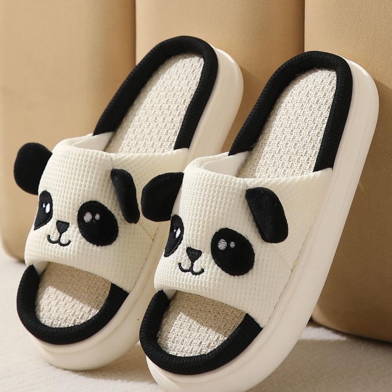 Linen slippers female cute panda style four seasons household PVC soft bottom couple cartoon cotton and linen slippers