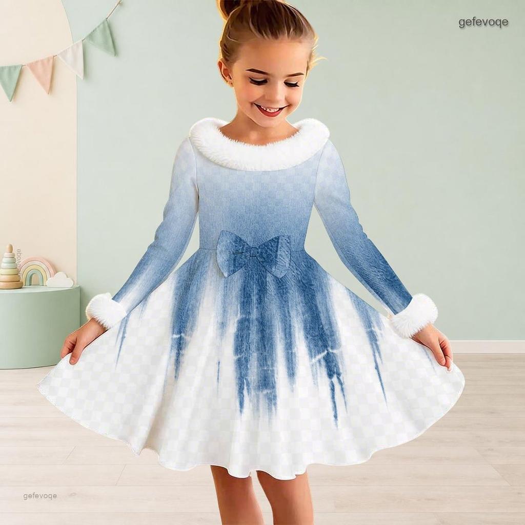 Girls White Purple Printed High Neck Long Sleeve A Line Flared Dress With Furry Trim And Bow