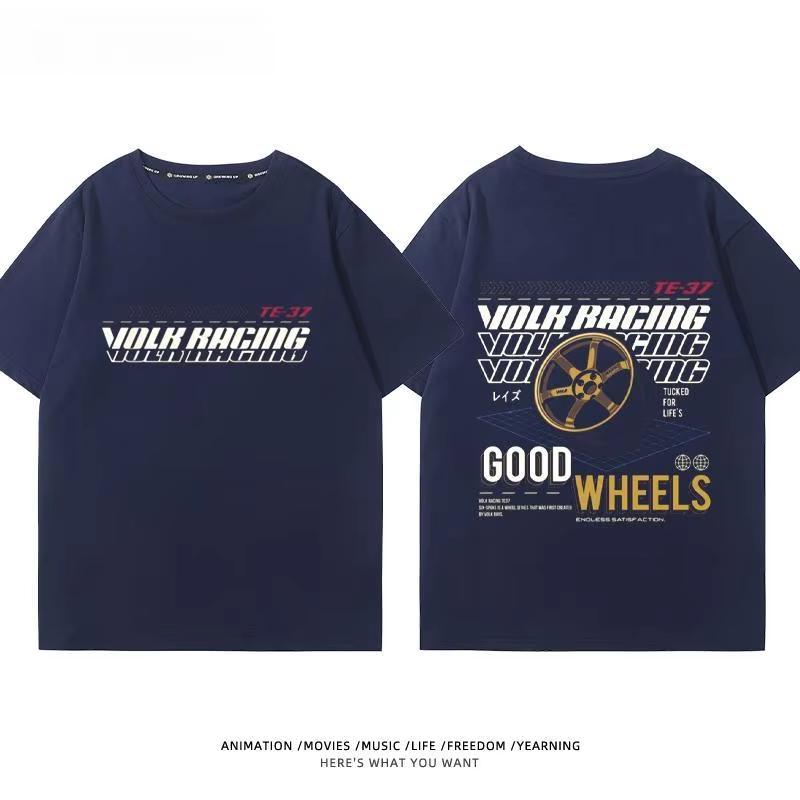 Japanese Car Modified Rim TE37 Wheel Hub Modified Car JDM Short-sleeved T-shirt Men's and Women's Cotton Half-sleeved Top