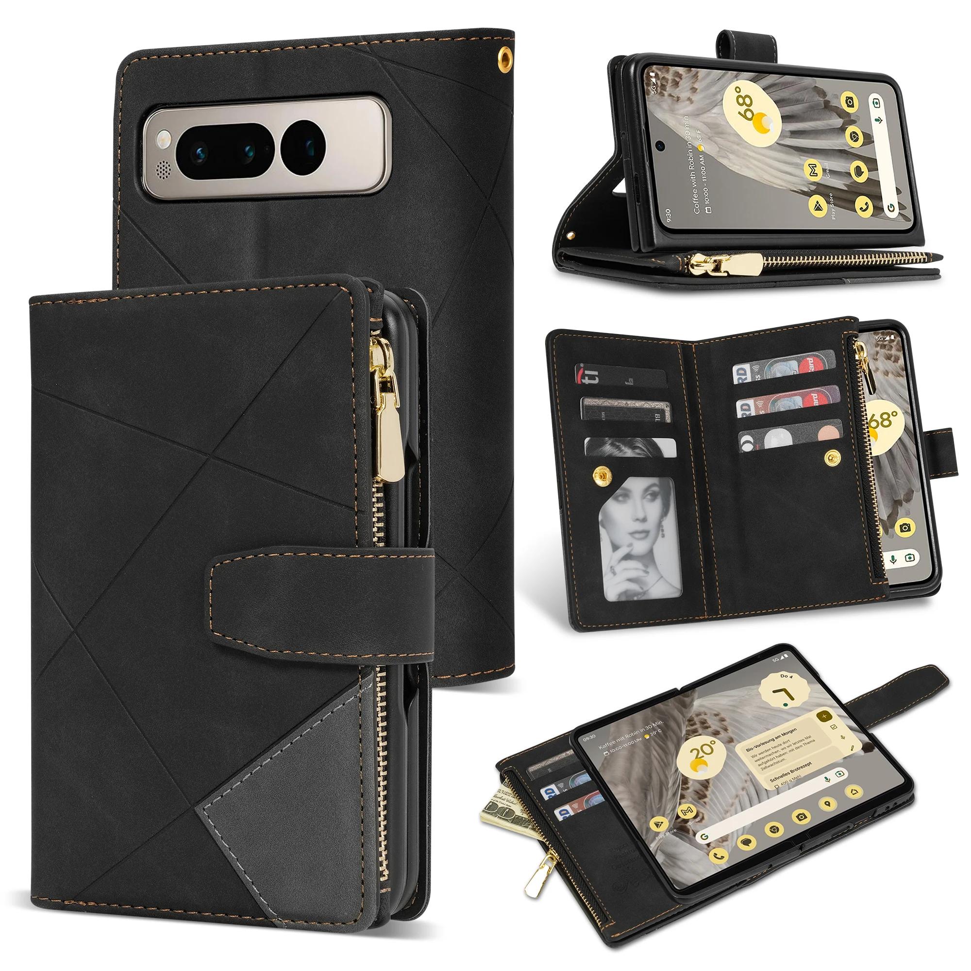 

Business Zipper Pocket Leather Case For Google Pixel Fold 9 Card Holder Folio Wrist Strap Handbag Wallet Phone Kickstand Cover Case & Strap чёрный
