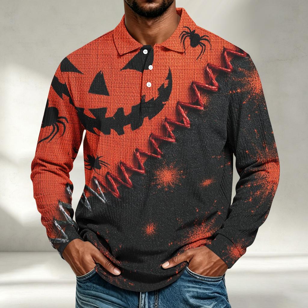 Men's Casual Halloween Printed Long Sleeve Shirt Loose Fit Top