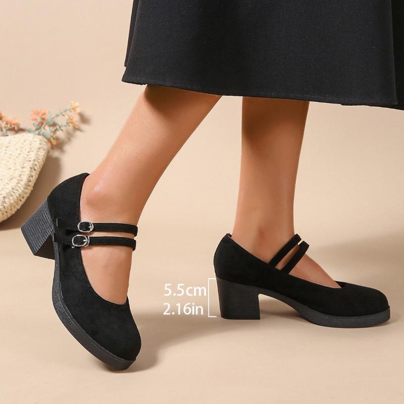 Women's Spring and Autumn Retro Black Small Leather Shoes Fashion Suede One-line Buckle Thick-heeled Women's Shoes