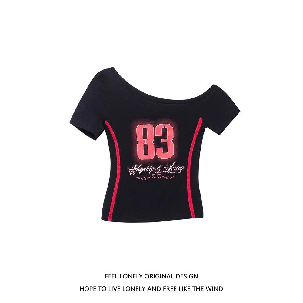 

Sporty Off-Shoulder Digital Print T-Shirt - Women s Summer Slim Fit XL Premium