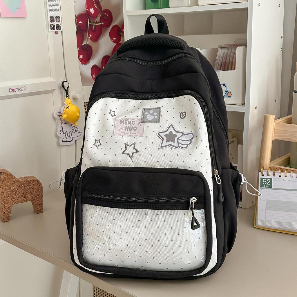 Schoolbag peach powder spell white stars embroidery soft girl schoolbag two-dimensional DIY transparent window design atmosphere sweet backpack