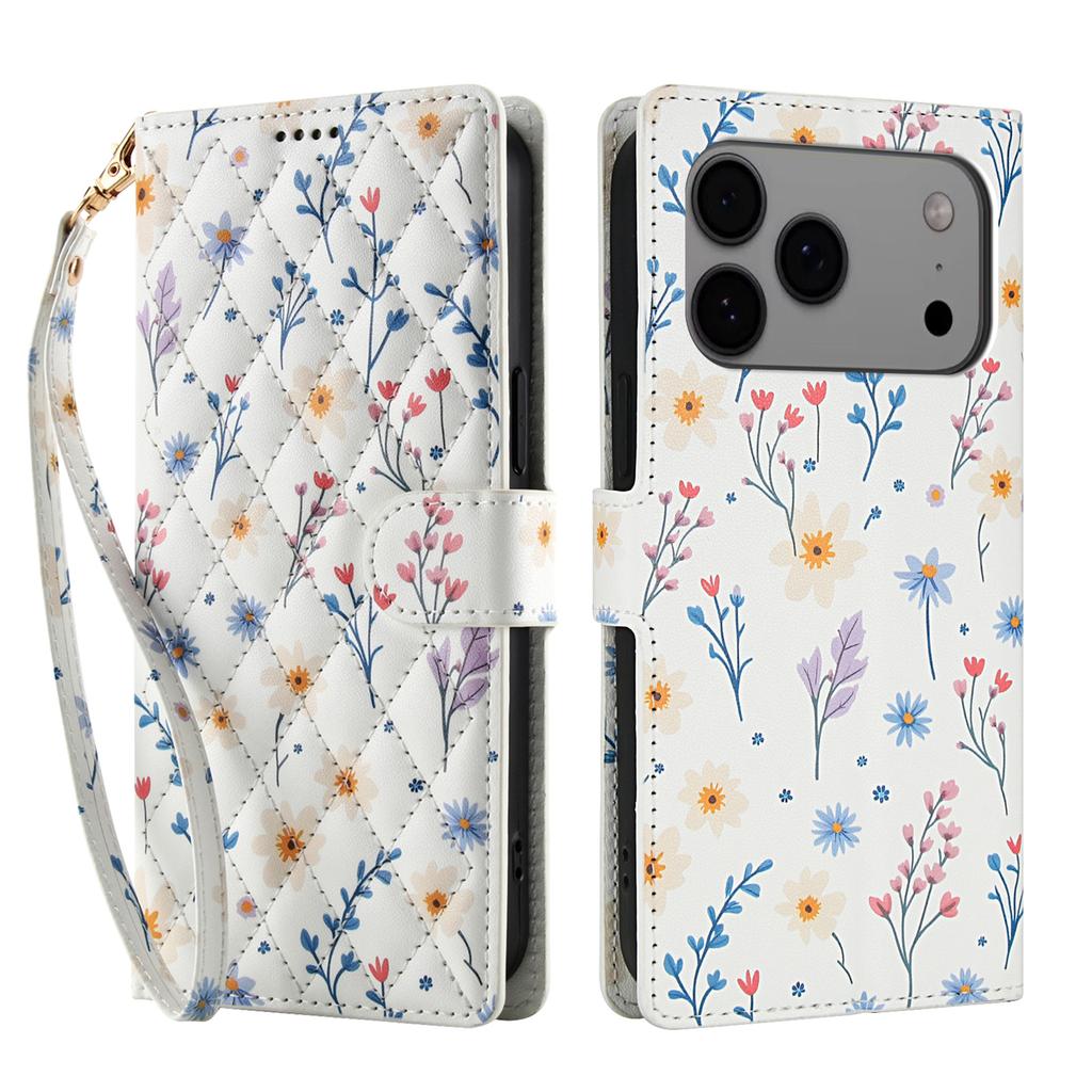 Für iPhone 17 Pro Max Brieftaschenhülle Rautenmuster Blumendesign Leder Klapphandyhülle mit Riemen