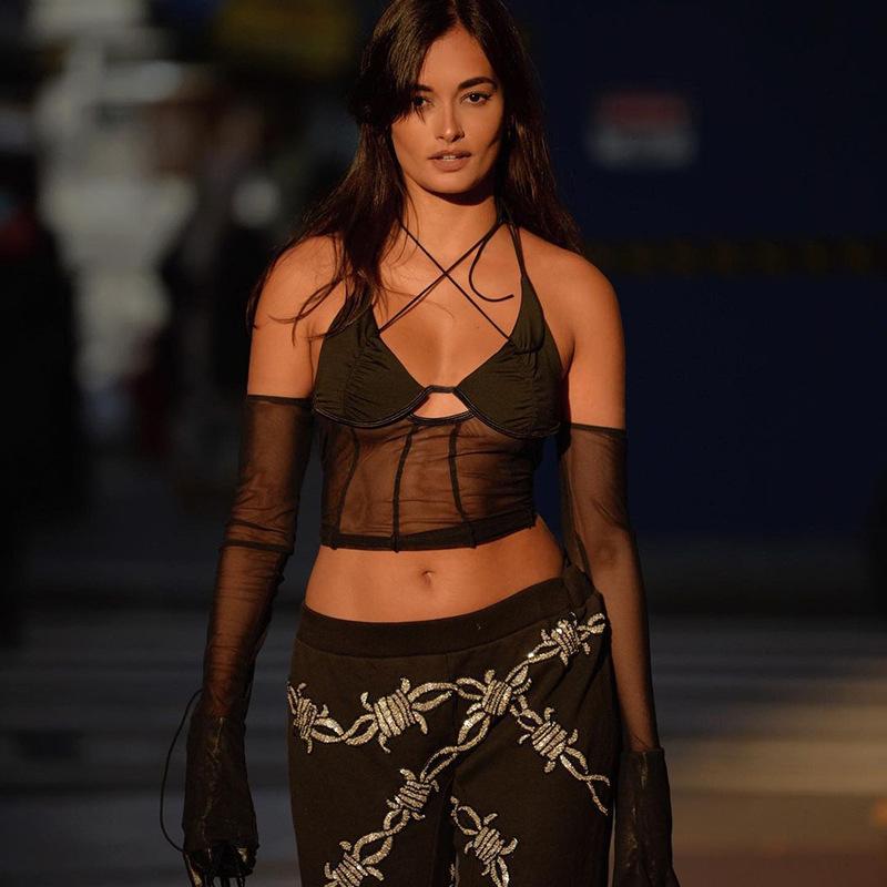 Harajuku léto mimo ramena dutá síťovaná trička pro ženy Top dámské tričko dámské tričko sexy topy s dlouhým rukávem tričko