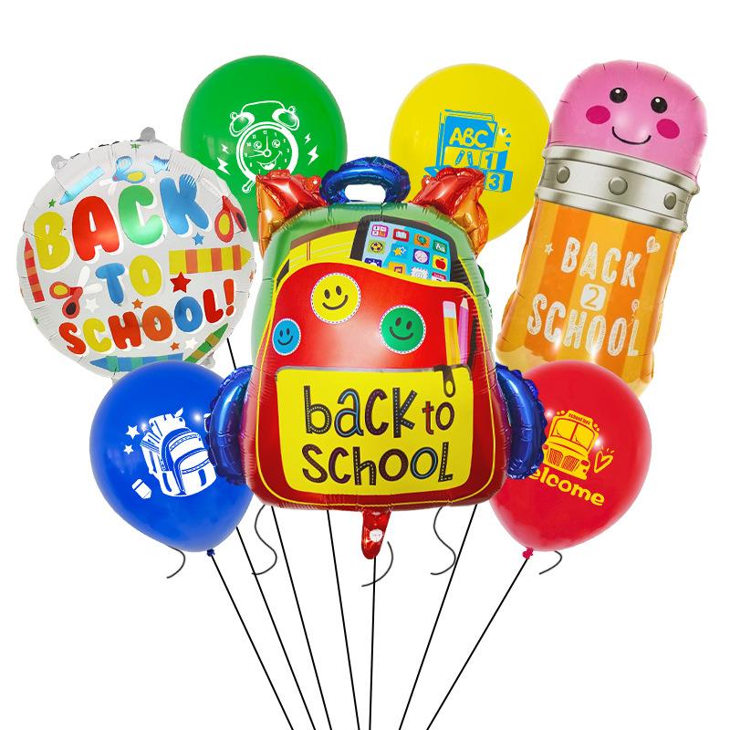 School Season Arrangement Balloon Set Back To School Decoration Schoolbag Pencil School Bus Modeling Classroom Decoration Photo