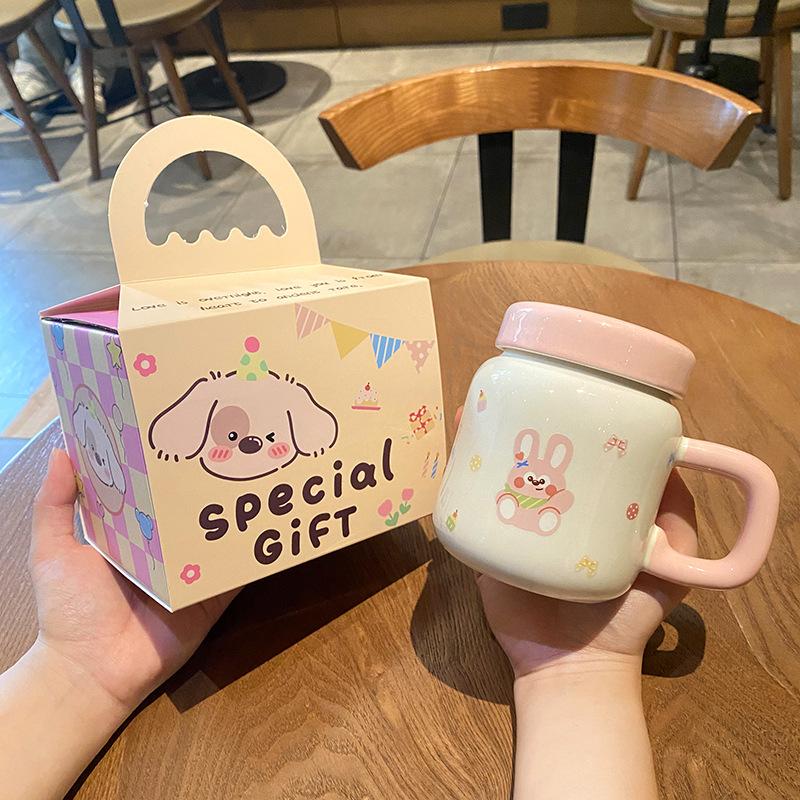 Cartoon Tier Keramiktasse Niedliche Wassertasse mit Deckel Becher Kreative Wasserflasche Tasse Milchtasse Mädchen Geschenk
