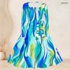 Women Plus Size Square Neck Long Sleeve Blue Pink White Printed A Line Dress With Belt