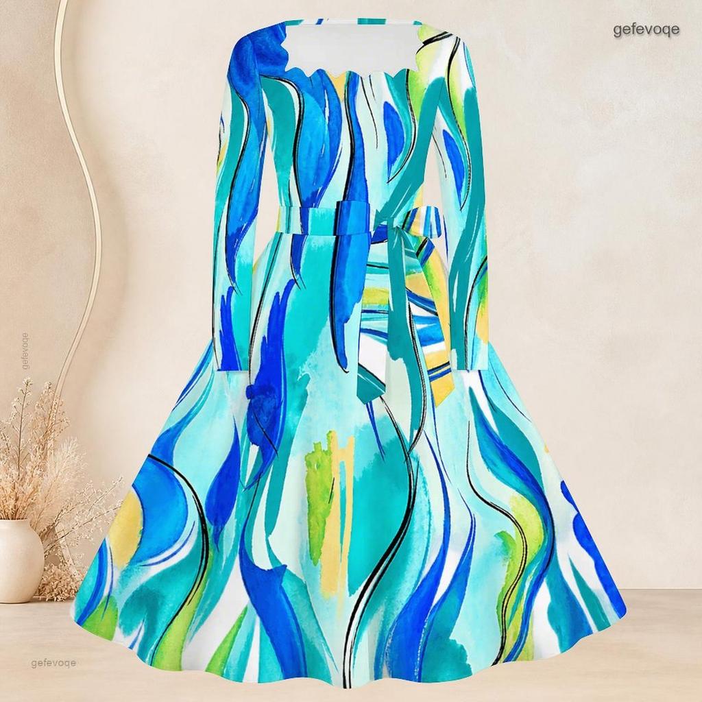Women Plus Size Square Neck Long Sleeve Blue Pink White Printed A Line Dress With Belt
