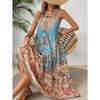 Robe d'été pour femme Nouvelle imprimée sans manches col en V Vacances à la plage Robe longue pour femme Mode Vintage col rond Décontractée ample Bohème pour femme Robes