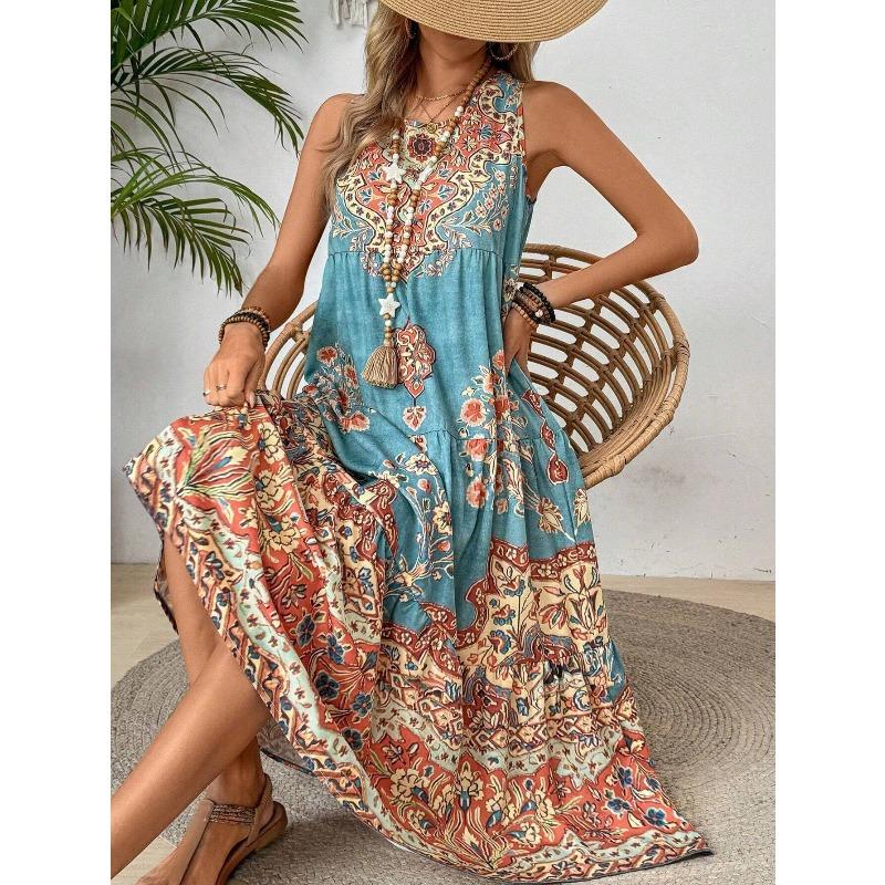 Robe d'été pour femme Nouvelle imprimée sans manches col en V Vacances à la plage Robe longue pour femme Mode Vintage col rond Décontractée ample Bohème pour femme Robes