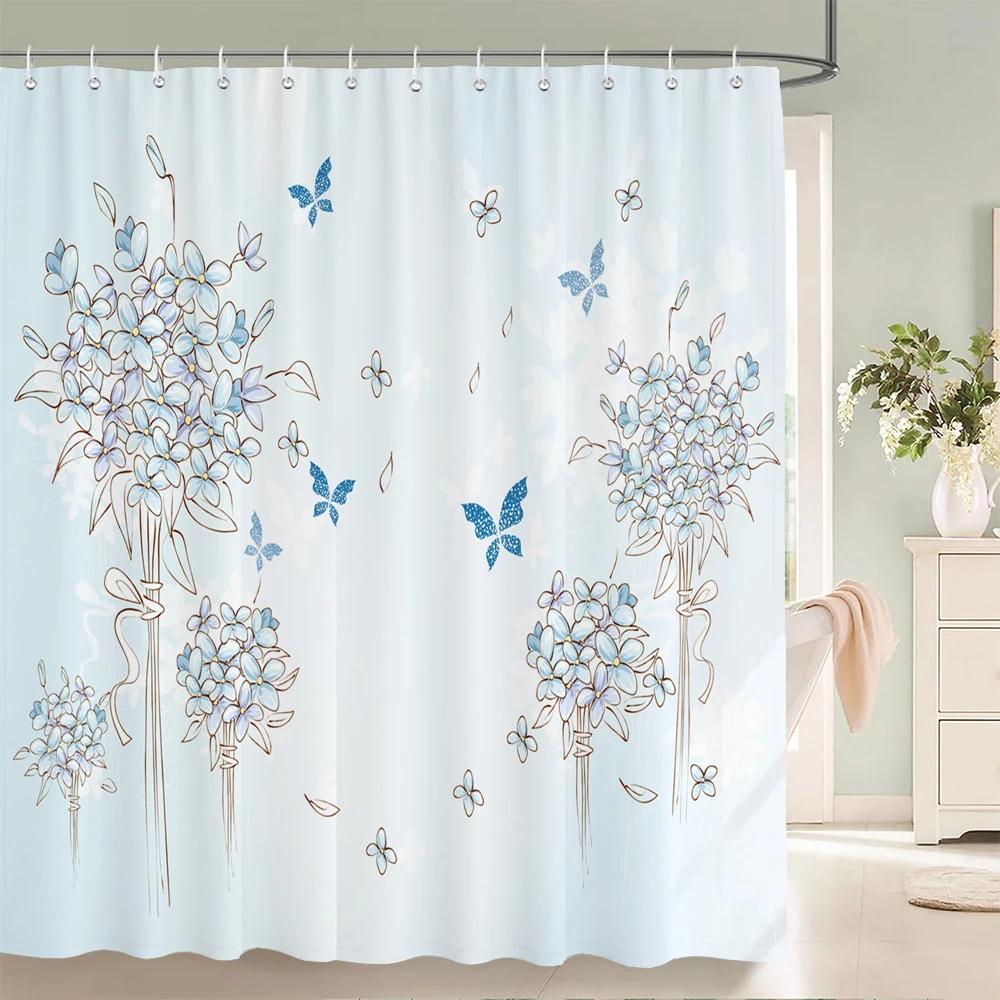 Tenda da bagno 3D con stampa di bellissimi fiori europei, tenda da doccia impermeabile in poliestere, tenda decorativa per la casa con ganci