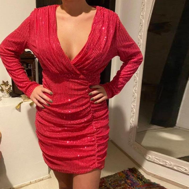 ins European and American women's clothing sexy V-neck sequined hip skirt temperament socialite party dress Spice girl tight dress