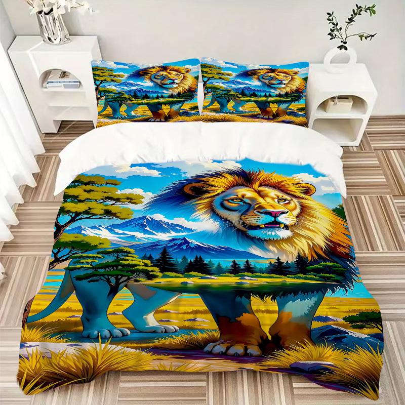3pcs Lion Safari Duvet Cover Set -Includes 1 Duvet Cover and 2 Pillowcases, No Quilt Core, All-Season Home Decor  Yy251111117