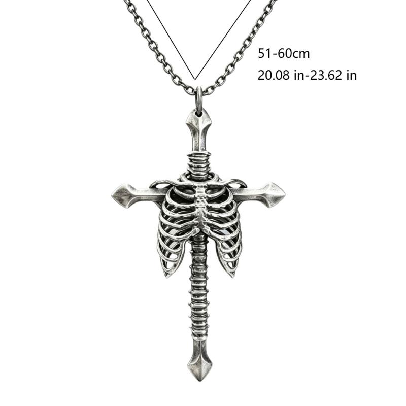 Rib Cage Cruciform Pendant Necklace for Gothic Style Enthusiasts, Silver Tone Alloy Statement Jewelry with Link Chain for Daily and Party Outfits