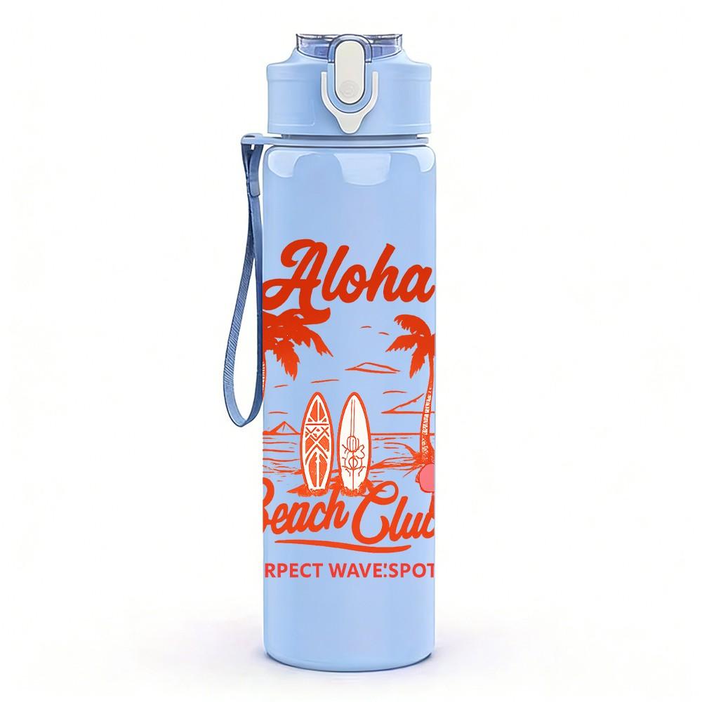 1PC Aloha Palm Beach Retro Text 750ml Color Plastic Sports Water Bottle Leakproof Flip Straw Lid Suitable for Sports Office Home Use