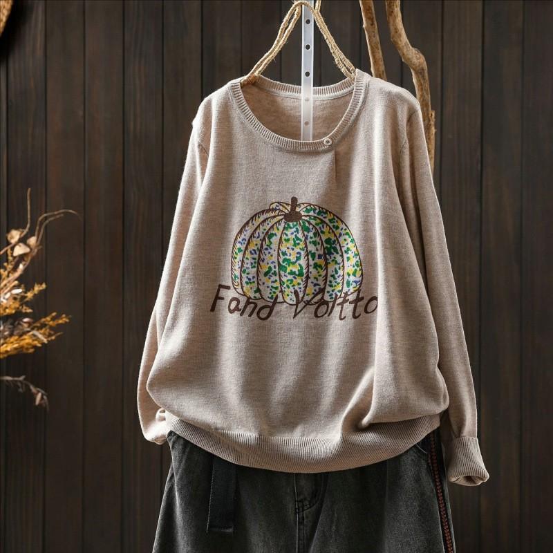 Womens Knit Sweater With Pumpkin Print Loose Fit Round Neck Long Sleeve Pullover In Cotton Blend
