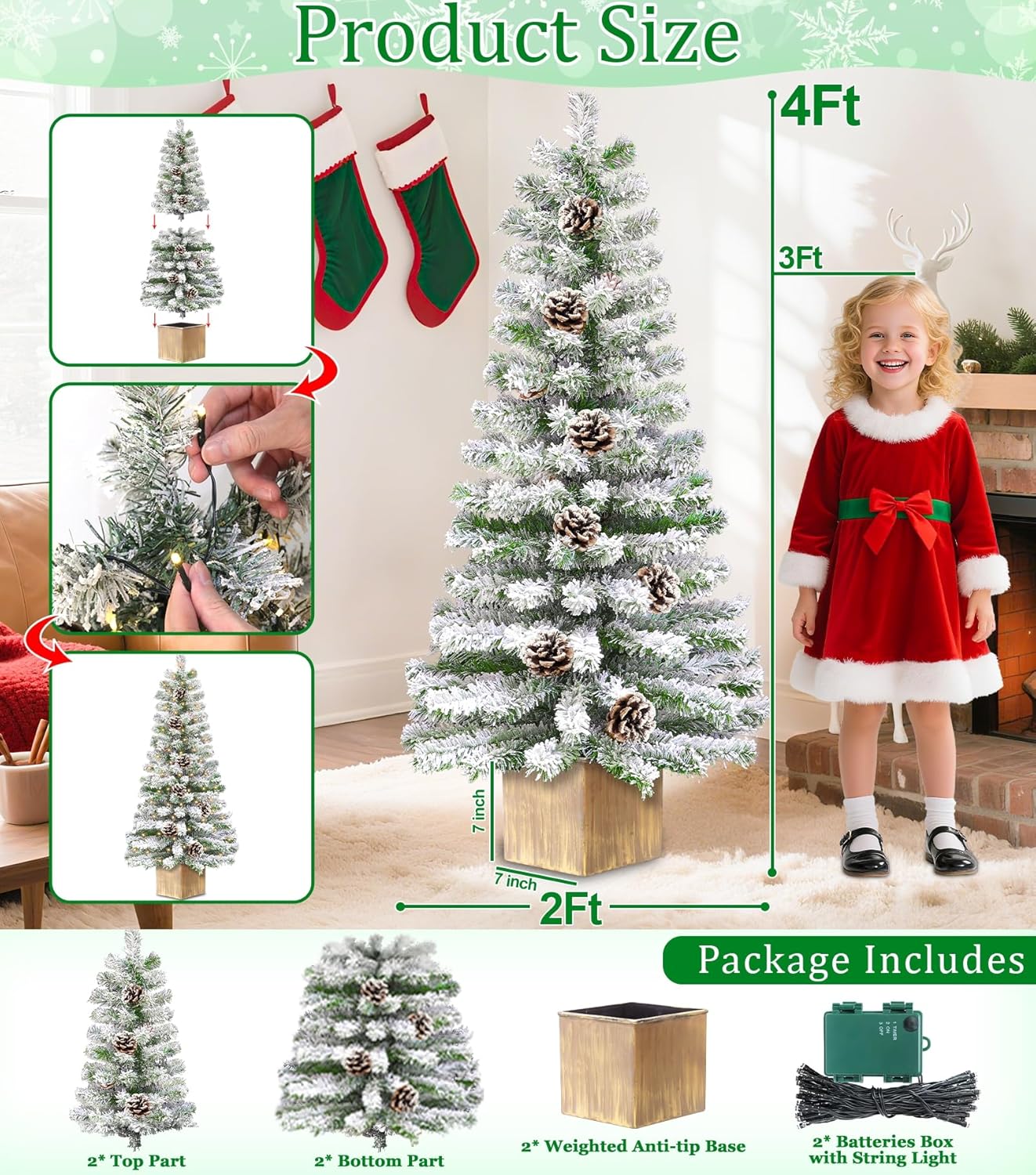 

2 Pack 4FT Artificial Christmas Tree with 60 LEDs, Warm White, Battery Operated, 140 Branches, Outdoor Porch Decoration 0.6M