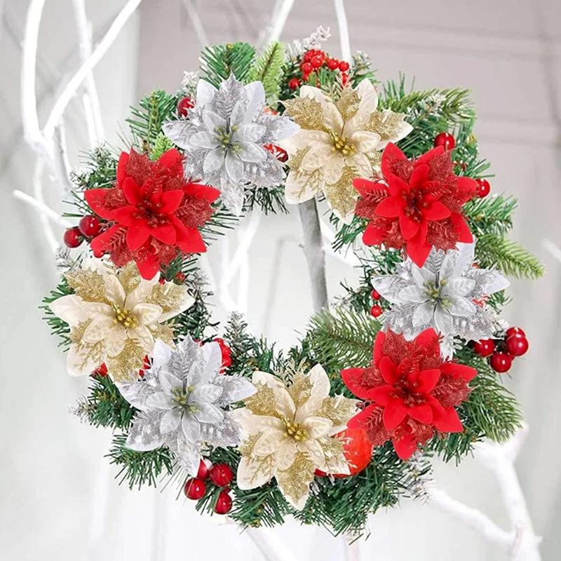 10Pcs/Pack Christmas Flowers Sparkling 14CM with Clips Xmas DIY Glitter Poinsettia Wreath