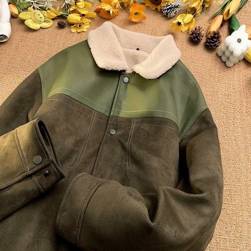 

Новое замшевое лоскутное пальто с хлопковой подкладкой Пальто для мужчин Зимняя американская винтажная кашемировая куртка с лацканами в стиле меньшинств с хлопковой подкладкой XXXL зелёный