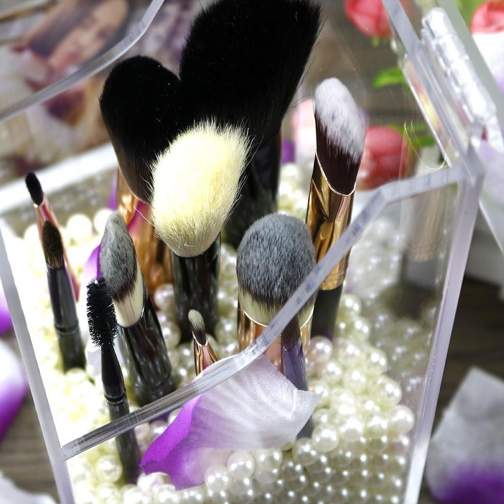 Acrylic Brush Holder,Dustproof Makeup Brush Organizer with Lid, Covered Cosmetic Brush Holder with White Pearls,Clear -NEWCREA