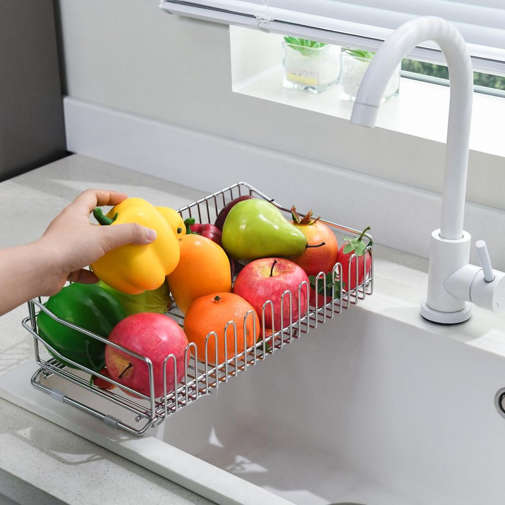 Wowfill Over-the-Sink Extendable Dish Drainer, Stainless Steel, Rust-Resistant and Scratch-Resistant (Silver, 33cm)
