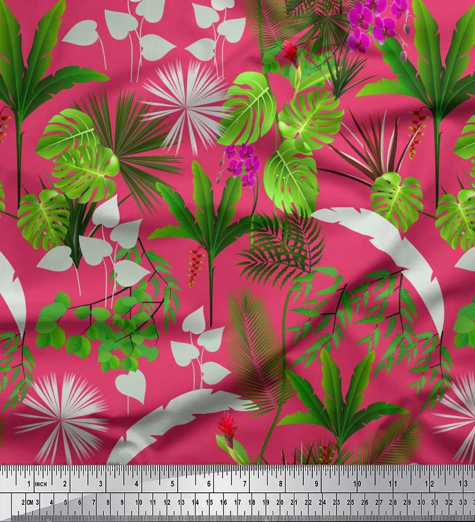 

Японська креп-атласна тканина Soimoi, орхідея, пальма та монстера, тропічний принт, метр 42 дюйма 42 Inch Wide - Poly Crepe рожевий