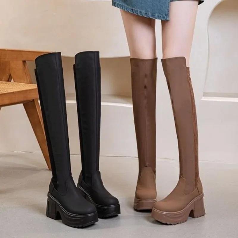 Fashion 10CM Synthetic Cloth Streth Fabric Women Platform Wedge Fashion British Spring Boots Knee High Boots Leather Autumn Shoes