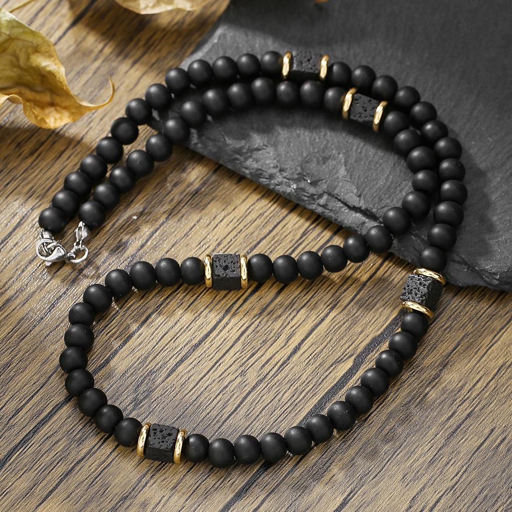 Men's Trendy Lava Stone Beaded Necklace - European & American Hip Hop Style