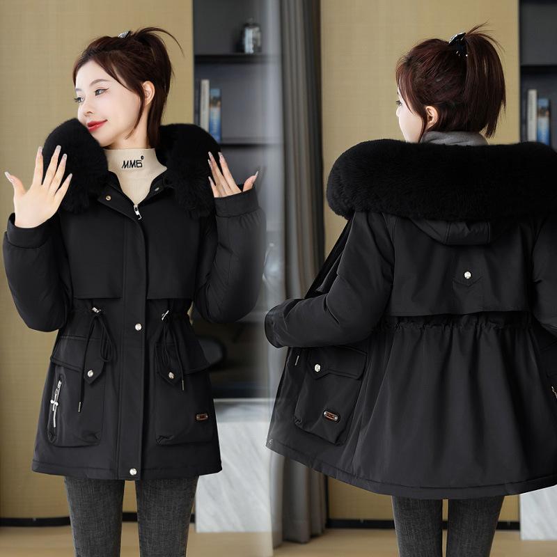 

Pie Overcomes Ladies New Winter Fashion Versatile Cotton Clothing Fleece Hooded Jacket Medium and Long Warm Cotton Clothing M чёрный