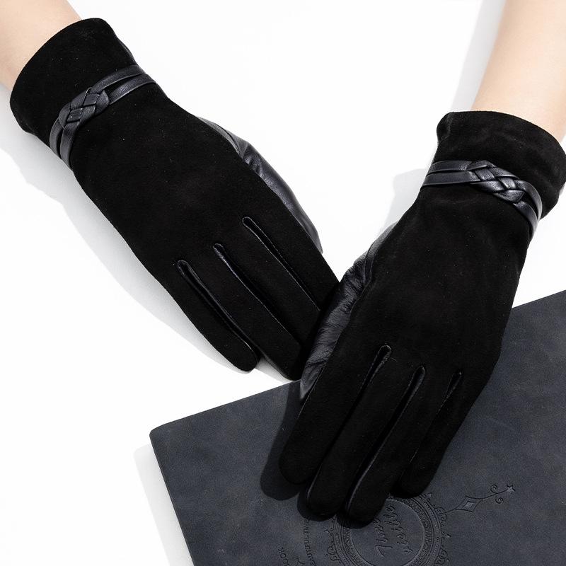 Adult Genuine Leather Gloves Women's Sheepskin and Cashmere Fashionable and Warm Skiing Full Finger and Two Finger Touch Screen Gloves