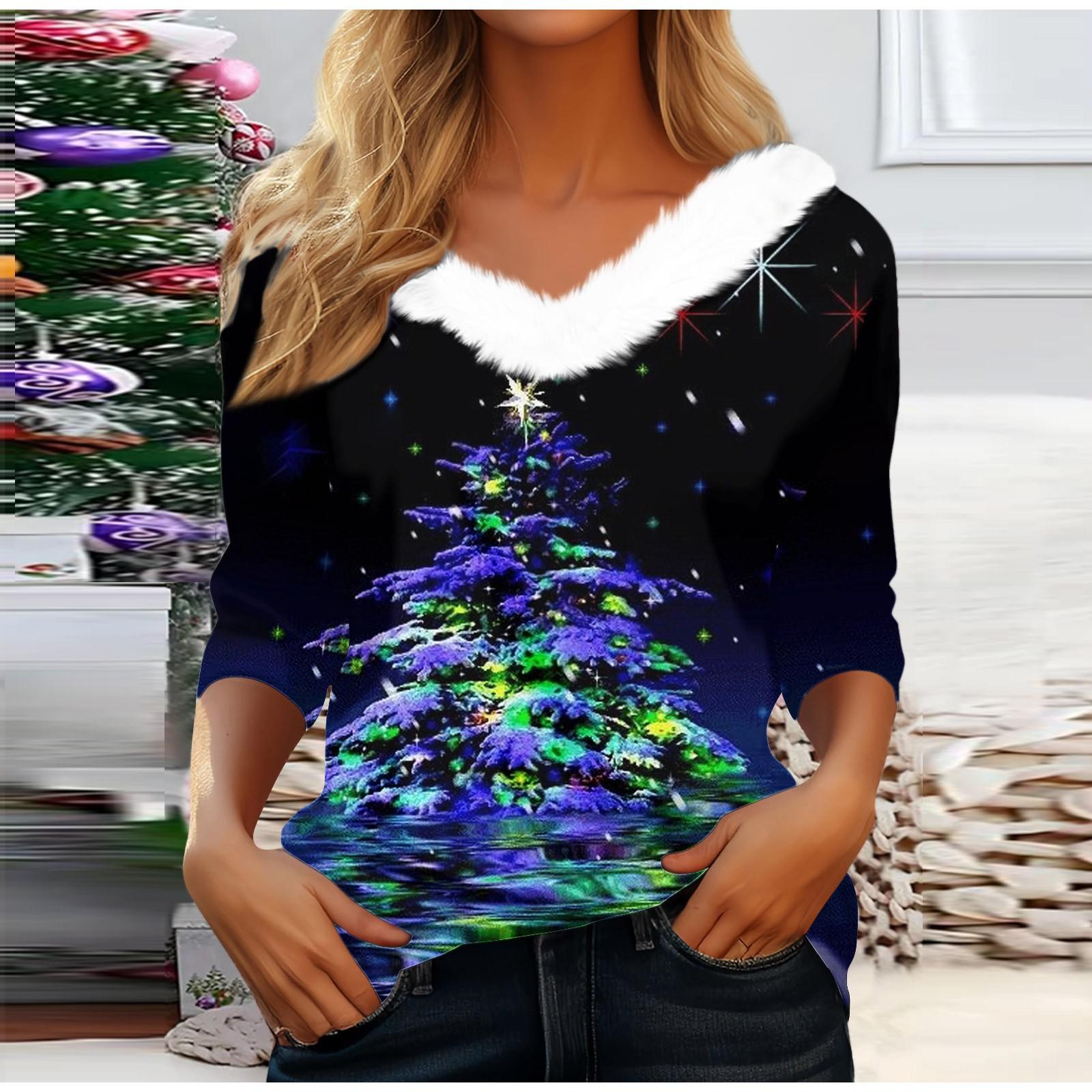 

Рубашки с длинным рукавом для женщин Милые топы Рождественские принты Футболки Блузки Повседневные топы больших размеров Базовые топы Пуловеры XL