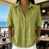 Women Shirt Lapel Buttons Half Placket Short Sleeves Casual Blouse Pure Color Loose Fit
