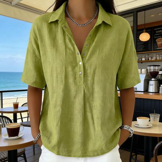 Women Shirt Lapel Buttons Half Placket Short Sleeves Casual Blouse Pure Color Loose Fit