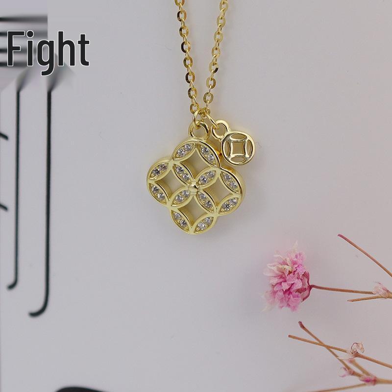 

S925 Sterling Silver Four-Leaf Clover Choker Necklace - Gold Coin, Retro Luxury Fashion Accessory for Women. 925 Silver