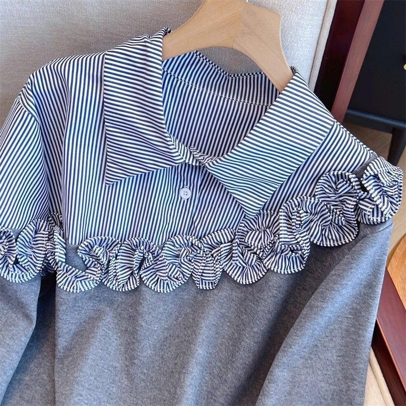 3D Decorative Women's Sweatshirt Korean Version Turndown Collar Flower Pattern Striped Blocking Color Hoodies Spring Casual Fashionable Lady Top