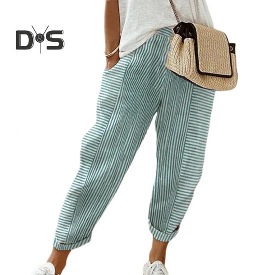 Damen Freizeithose Elastische Taille Mittelhohe Sommer-Jacquard-Lange Hose mit Taschen Streifenmuster Locker sitzende Hose