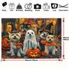 One large Halloween party backdrop featuring 4 adorable dog costumes (witch mummy pirate) and a spooky street scene