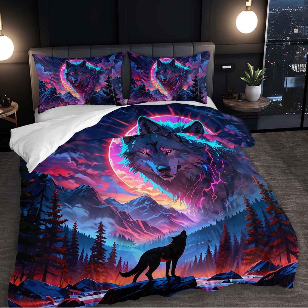 3pcs Wolf Animal Bedding Duvet Cover Set Aurora Bedding Quilt Set Wild Wolf Themed Bed Quilt Set Animal Landscape Bedroom Decor