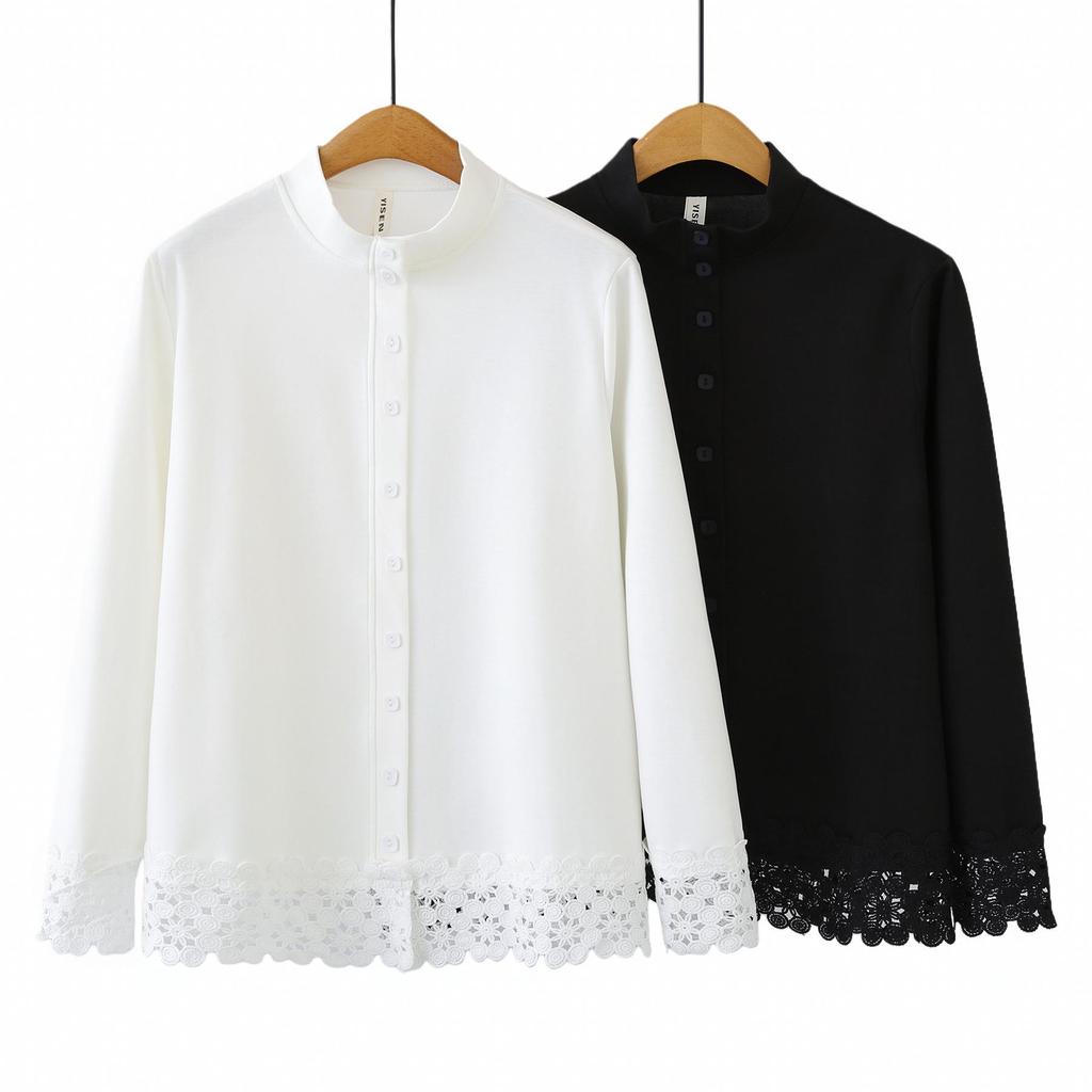 Primavera 2026 Maglia Pullover da Donna Taglie Forti con Collo Alto, Maniche Lunghe Svasate e Pizzo 2601