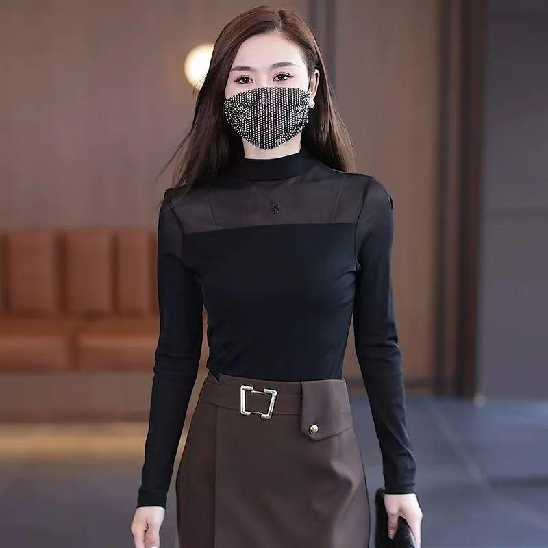 2024 Autumn Women's Retro Slim Fit Mesh Stitching Long-Sleeved Shirt with Half-High Collar