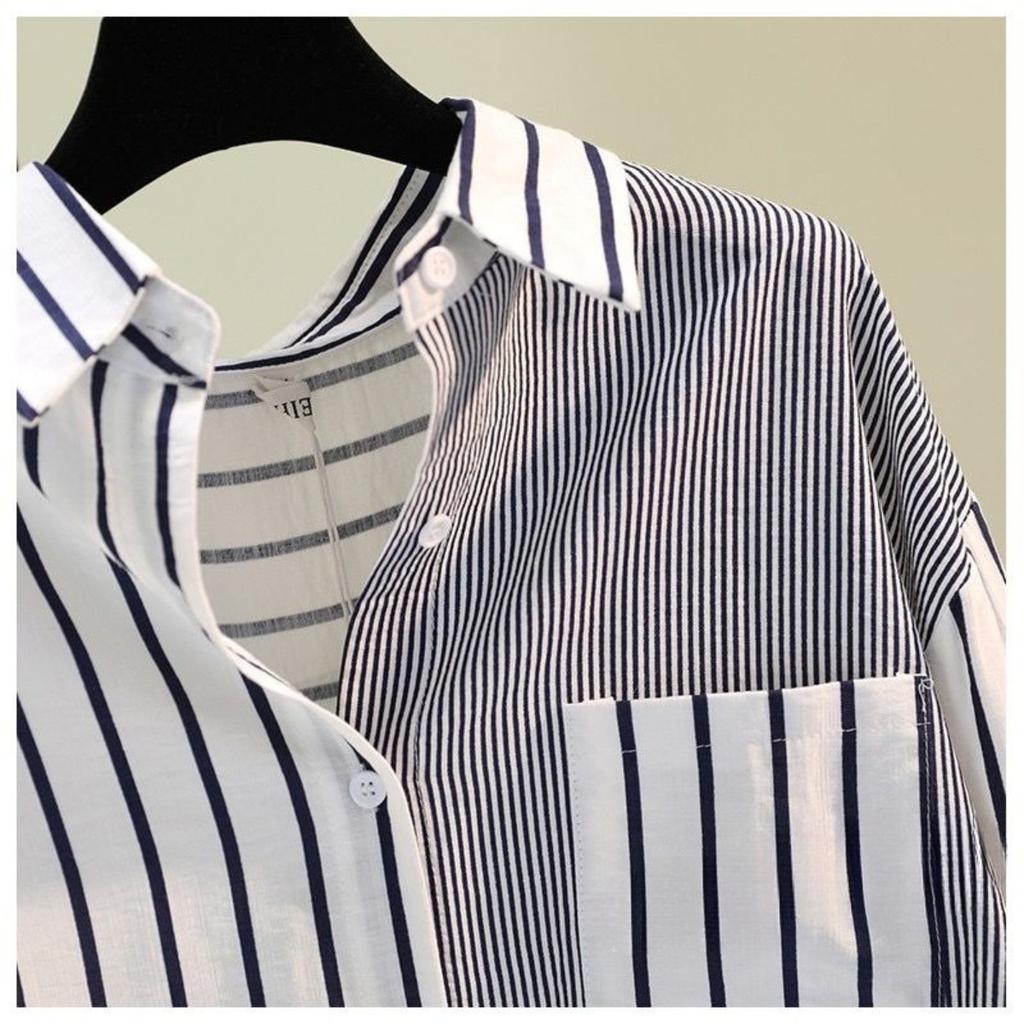 Cotton and Linen, Single Pocket, Color Blocked, Striped Shirt, Women's, Spring New Style, Loose, Casual Shirt, Top