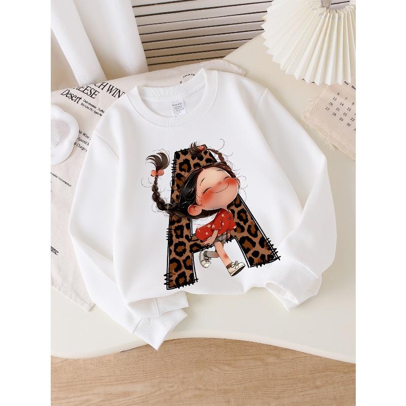 Kids Girls Crewneck Sweatshirt, Leopard Print Letter A With Cute Braided Little Girl Cartoon Print Soft Fleece Pullover