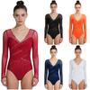 Damen Strass Leotard Langarm Überkreuztes Netz Raffierter Rückenfreier Knopf im Schritt Gymnastik Tanzbekleidung