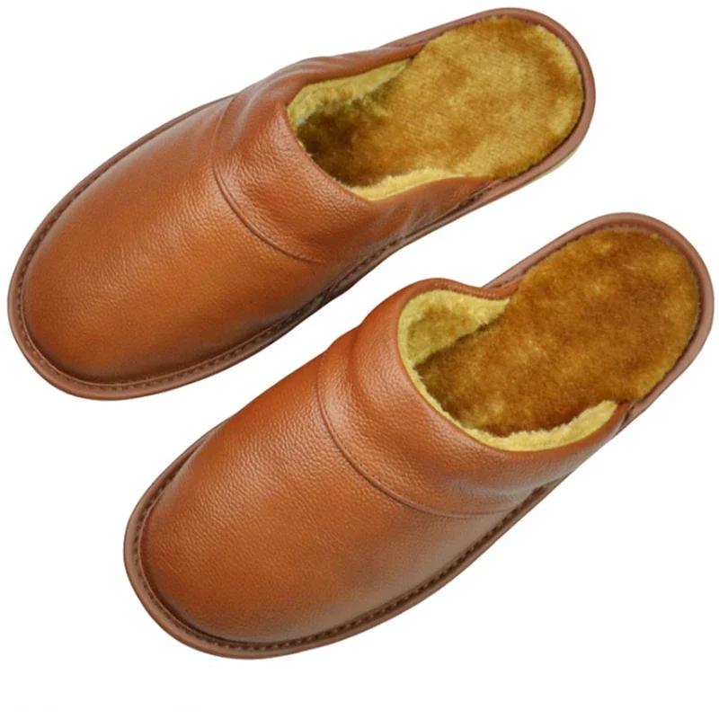 

Тапочки из натуральной коровьей кожи для пар, домашние, нескользящие, для мужчин и женщин, модная повседневная обувь, модная, ПВХ, мягкая подошва, зима 30 for 45-46 yards кофейный