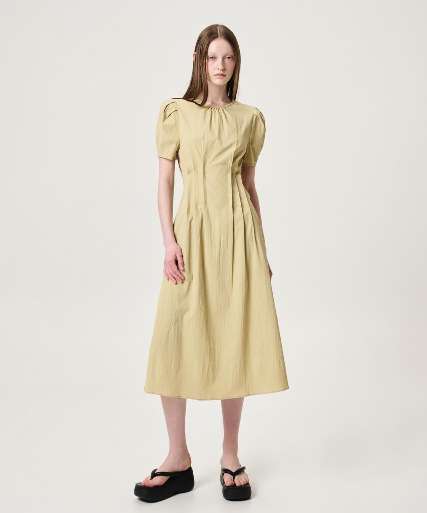 Etmont Waist Pintuck Dress, Olive Yellow