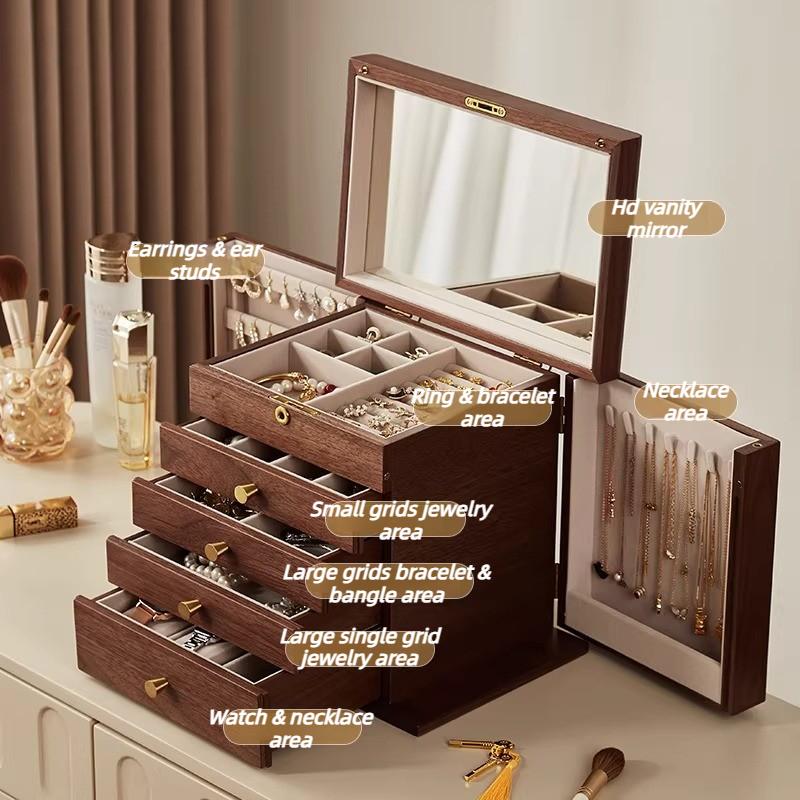 Wood Jewelry Box Large Capacity Earring Necklace Storage Boxes Multiple Drawers Ring Organizer Boxes Retro Jewelry Box with Lock