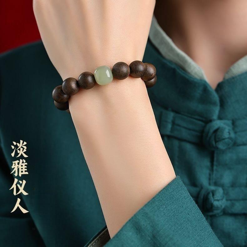 Genuine Qi Nan Agarwood Bracelet for Men, Wooden Buddhist Beads, Sandalwood Bracelet for Women, Genuine Hetian Jade